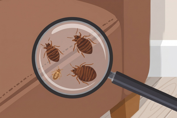 Close up of bed bugs on a chair. Under a magnifying glass.