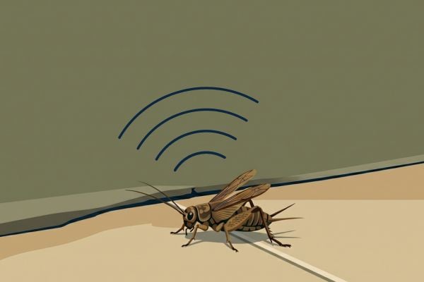 Illustration of a chirping cricket with sound waves indicating noise near an indoor wall.