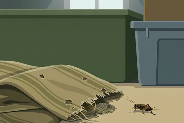 Illustration of a cricket next to folded fabric showing chewed holes and pest damage.