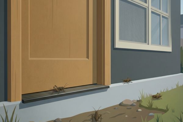 Illustration of crickets crawling around the exterior doorway and threshold of a home.
