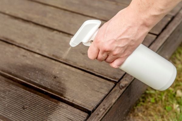 person spraying repellant on deck