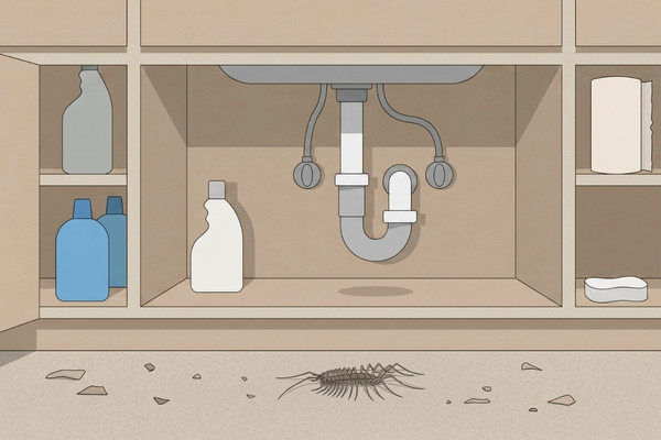 Illustration of a dead house centipede lying on the floor beneath an open under-sink cabinet.