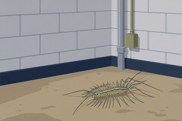 Illustration of a house centipede with long legs crawling on a concrete basement floor.