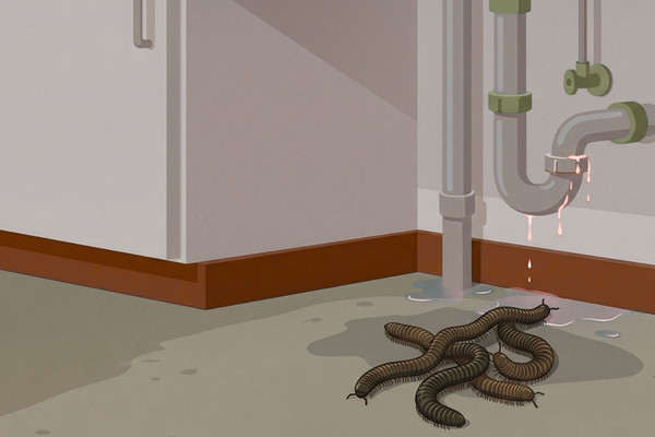 Illustration of a cluster of brown millipedes gathered near a leaking pipe and puddle.