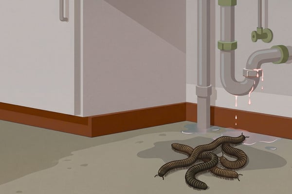 Illustration of a cluster of brown millipedes gathered near a leaking pipe and puddle.
