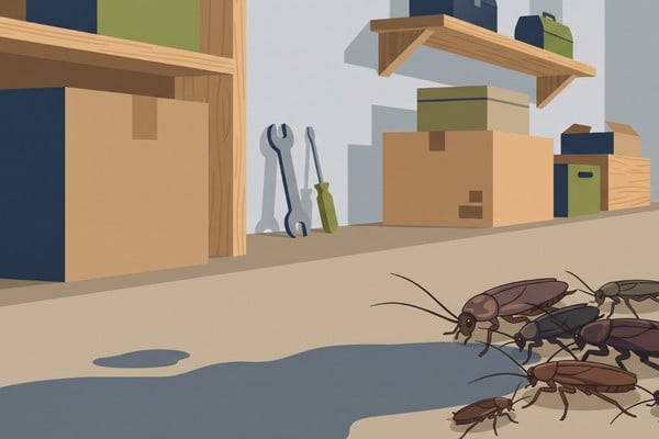 Illustration of cockroaches attracted to a water spill on a concrete garage floor.