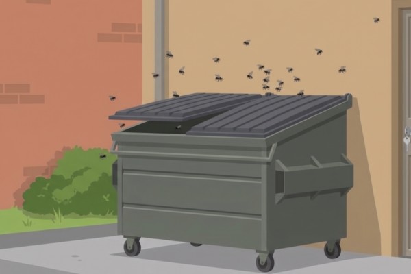 Swarm of flies hovering over an outdoor commercial dumpster with an open lid