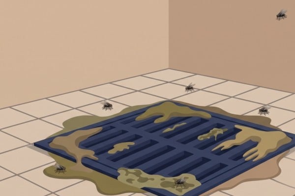 Flies swarming around a dirty, clogged floor drain on a tiled floor