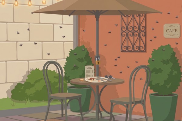 Flies surrounding an outdoor cafe patio table with leftover food