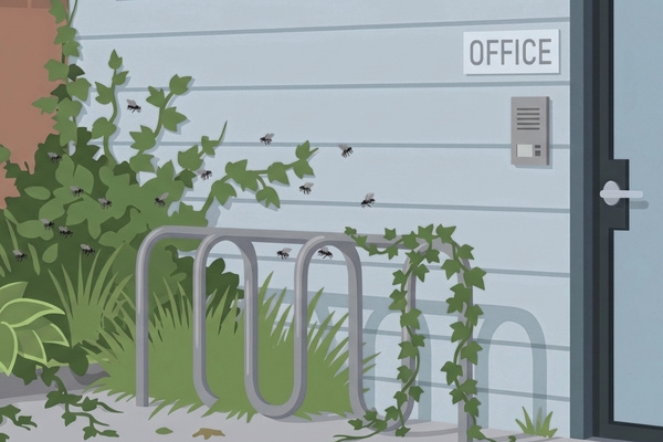 Flies swarming around overgrown vines near an office building entrance