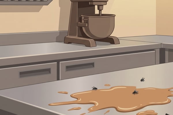 Flies swarming around a liquid spill on a stainless steel kitchen counter