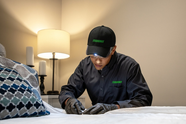 A Terminix technician wearing a lighted cap inspects bed sheets in hotel for bed bugs.