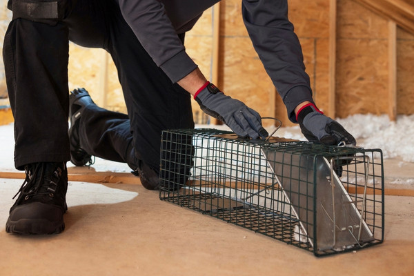  A Terminix technician setting a metal wire trap to catch wildlife.