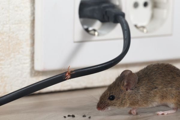 mouse near outlet and electrical cord with droppings