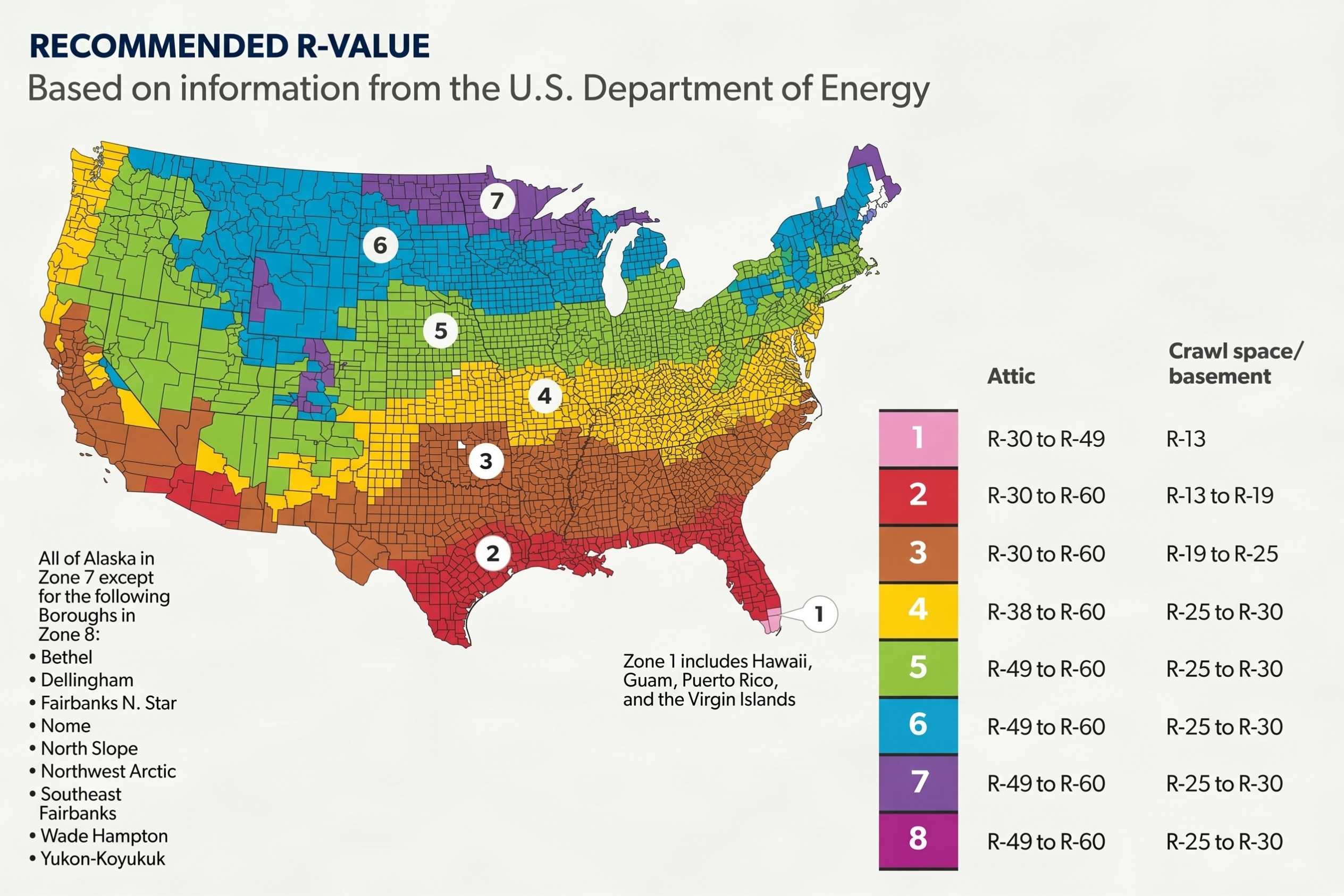 Map showing the recommended R-value across the U.S. based on information from the U.S. Department of Energy.