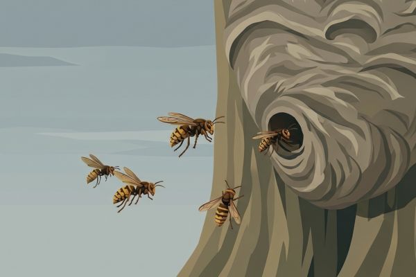 Illustration of hornets flying around a gray paper nest attached to a tree trunk.