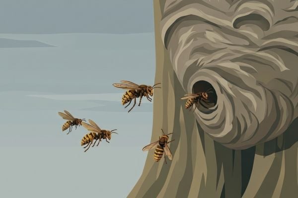 Illustration of hornets flying around a gray paper nest attached to a tree trunk.