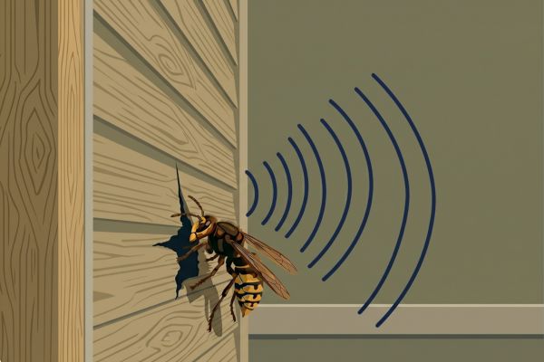 Illustration of hornets flying around a gray paper nest attached to a tree trunk.