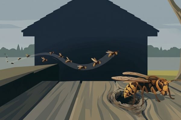 Illustration of hornets flying around a gray paper nest attached to a tree trunk.
