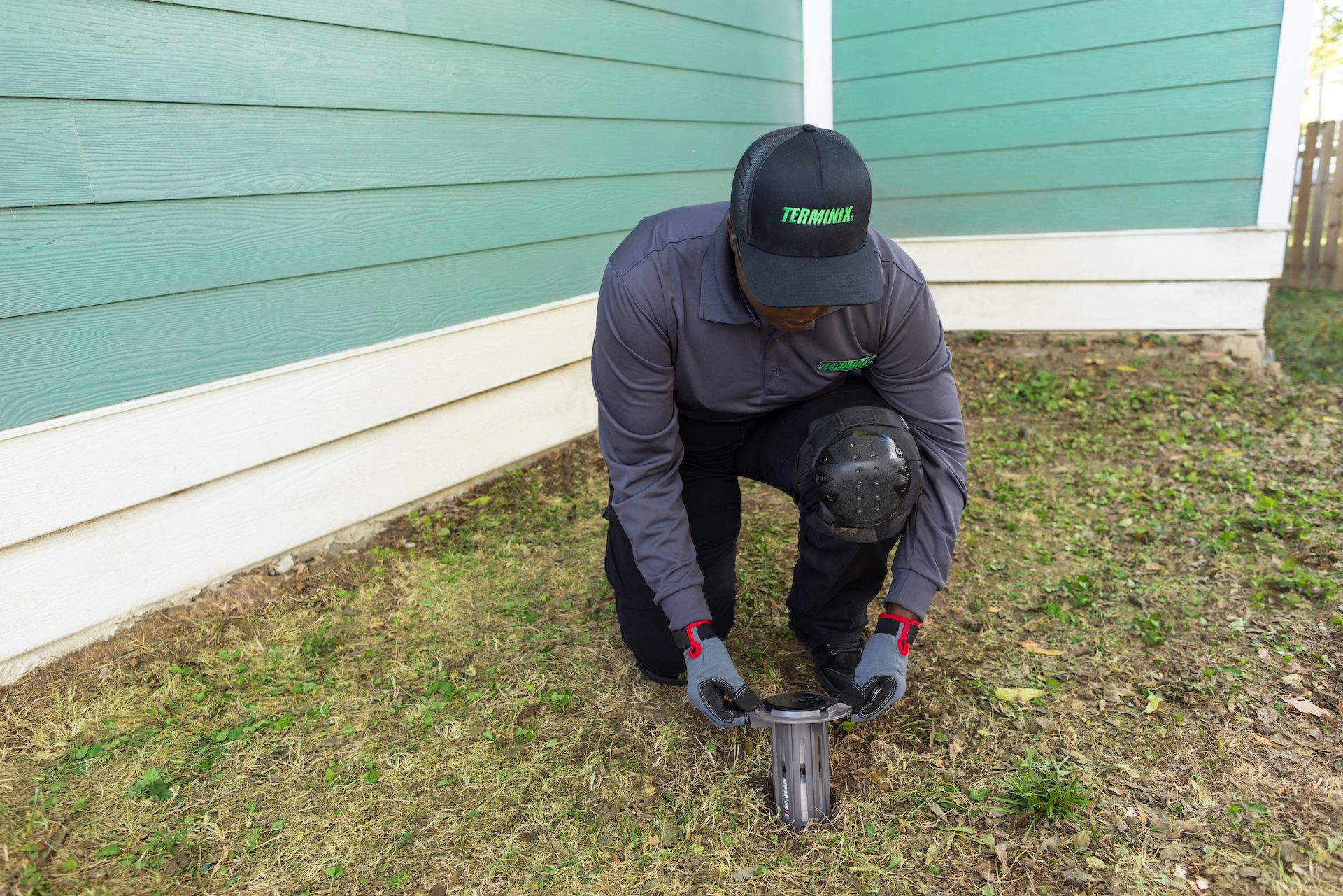 technician installing termite trap