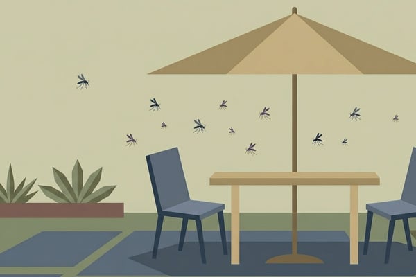 outdoor furniture with mosquitoes flying around