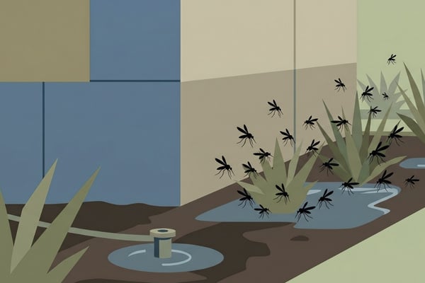 mosquitoes flying around over irrigated landscape and standing water