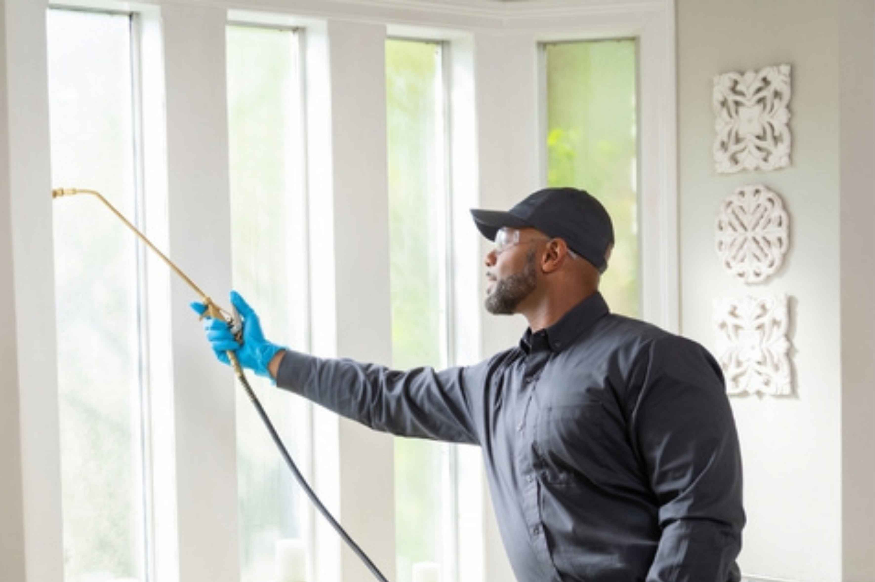 Pest control technician applying spray treatment around interior windows