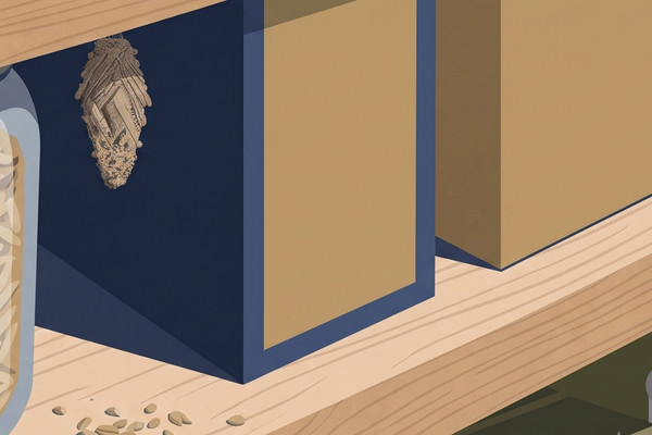 Illustration of a moth cocoon hanging under a pantry shelf near stored food containers