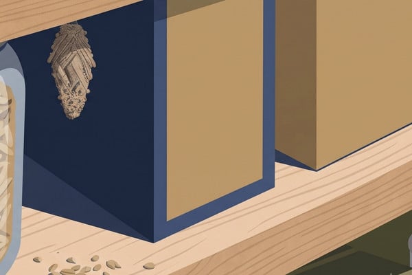 Illustration of a moth cocoon hanging under a pantry shelf near stored food containers