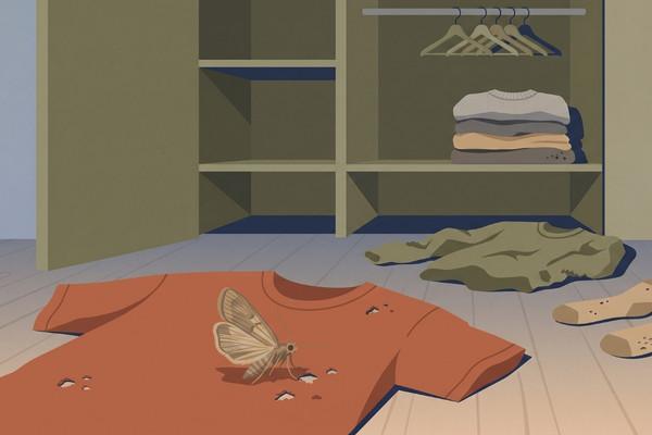 Illustration of a moth resting on damaged clothing with holes near an open closet