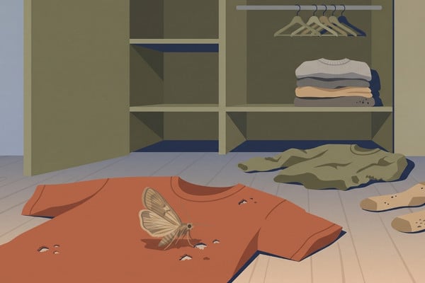 Illustration of a moth resting on damaged clothing with holes near an open closet