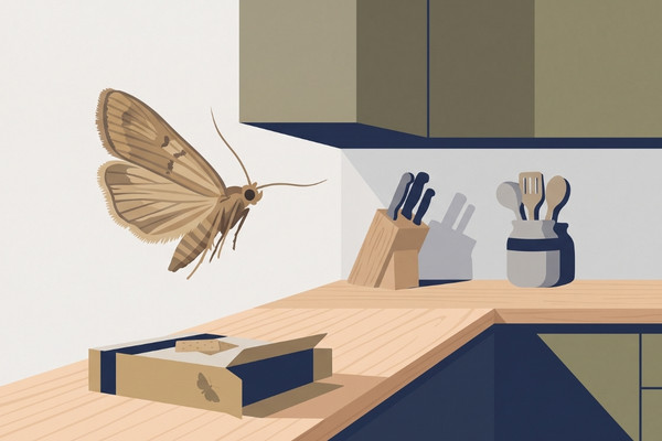 Illustration of a moth flying over a kitchen counter near an open food box
