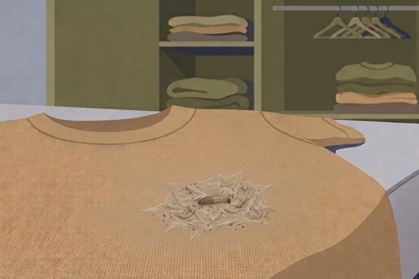 Illustration of moth larvae and webbing on a folded shirt