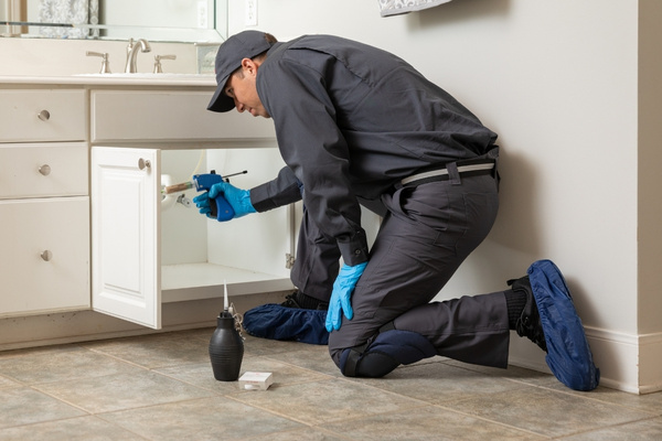 Pest control technician applying treatment inside a bathroom cabinet