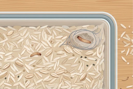 Illustration of insect larvae and webbing inside a container of rice