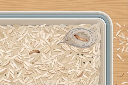 Illustration of insect larvae and webbing inside a container of rice