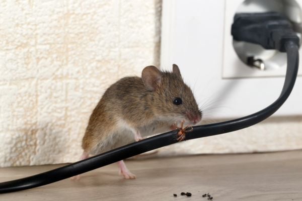 Mouse chewing on a black electrical cord near a wall outlet