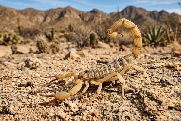 Scorpion on rocky ground in a desert landscape