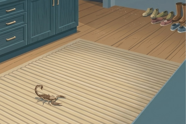Illustration of a scorpion crawling on a rug inside a home