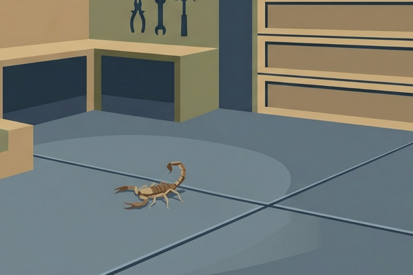 Illustration of a scorpion crawling on a garage floor