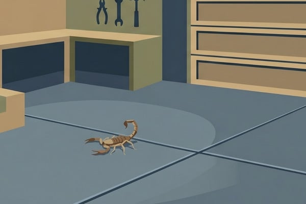 Illustration of a scorpion crawling on a garage floor