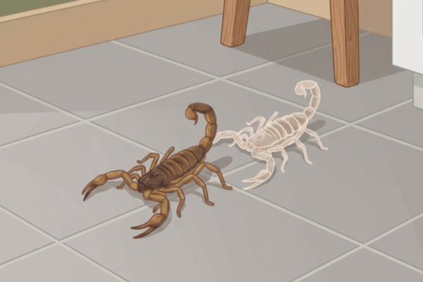 Illustration of a scorpion next to its translucent shed skin on a tile floor