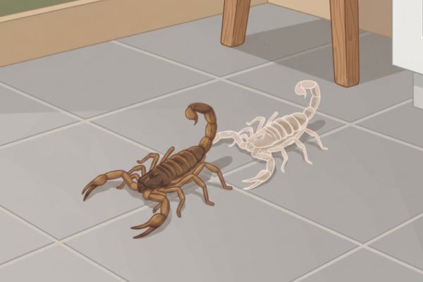 Illustration of a scorpion next to its translucent shed skin on a tile floor
