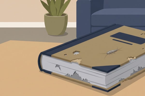 Illustration of a hardcover book with chewed, ragged edges caused by a silverfish pest.
