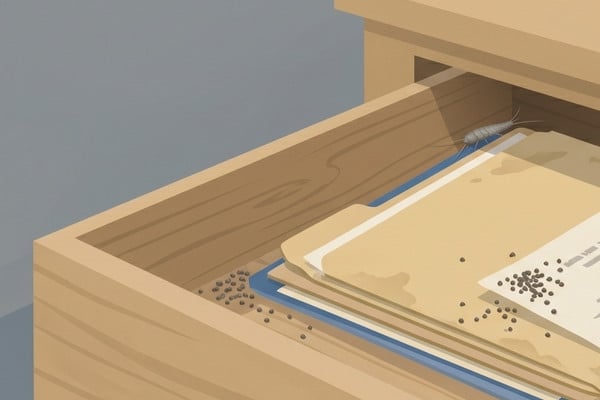 Illustration of silverfish droppings scattered across papers inside an open desk drawer.