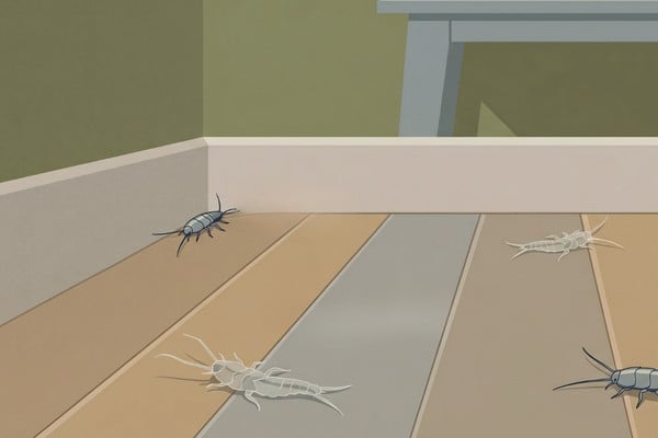 Illustration of silverfish and translucent shed exoskeletons on a wood floor by a baseboard.