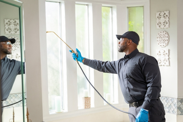 A pest control professional in a grey uniform and blue gloves uses a long metal spray wand to apply a liquid residual treatment along the seams and frame of a large window indoors.