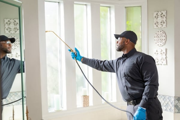 A pest control professional in a grey uniform and blue gloves uses a long metal spray wand to apply a liquid residual treatment along the seams and frame of a large window indoors.
