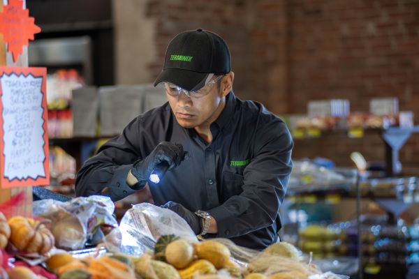 technician inspecting food with torch