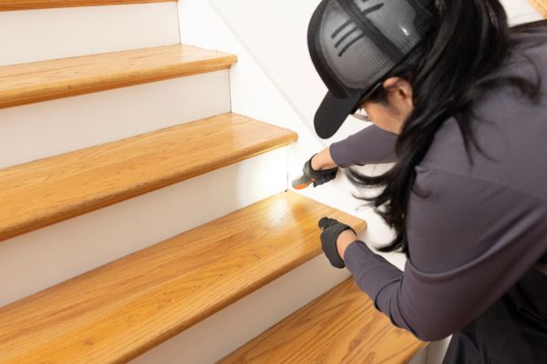 tech inspecting corner of stair for termites